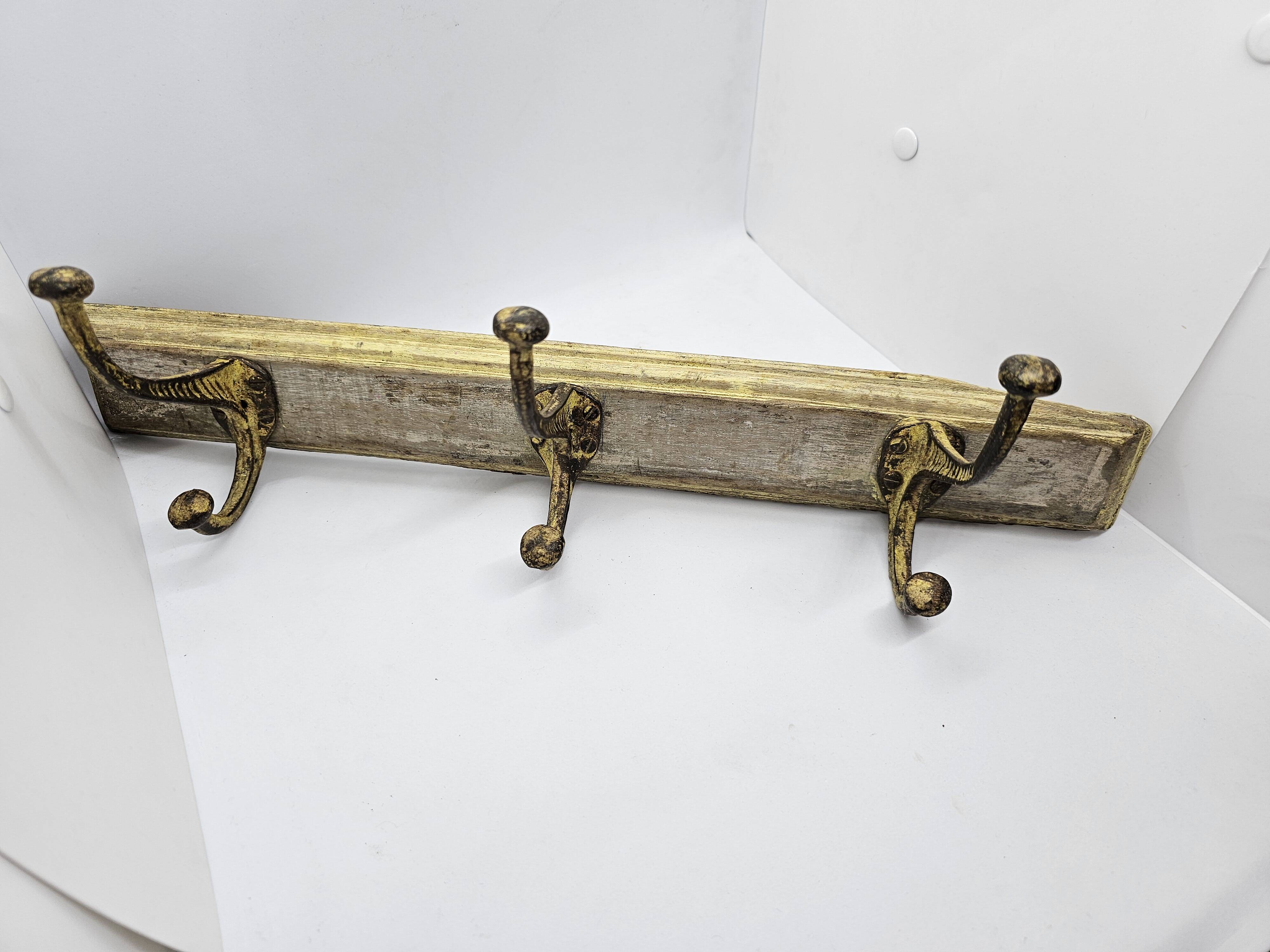 Solid teak coat hook with 3 double cast iron hooks