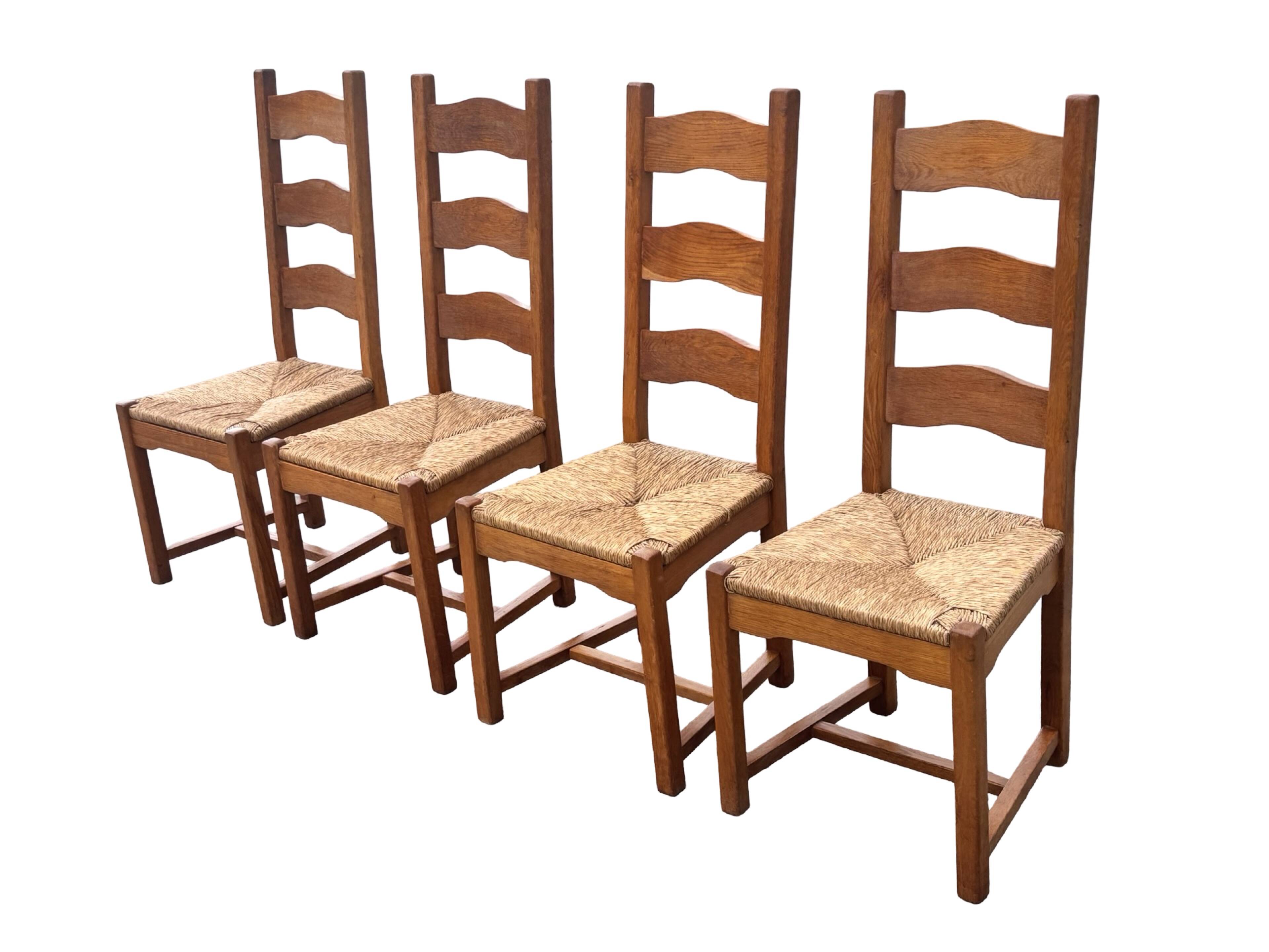 Vintage Set of 4 dining chairs oak and wicker 70's design high back