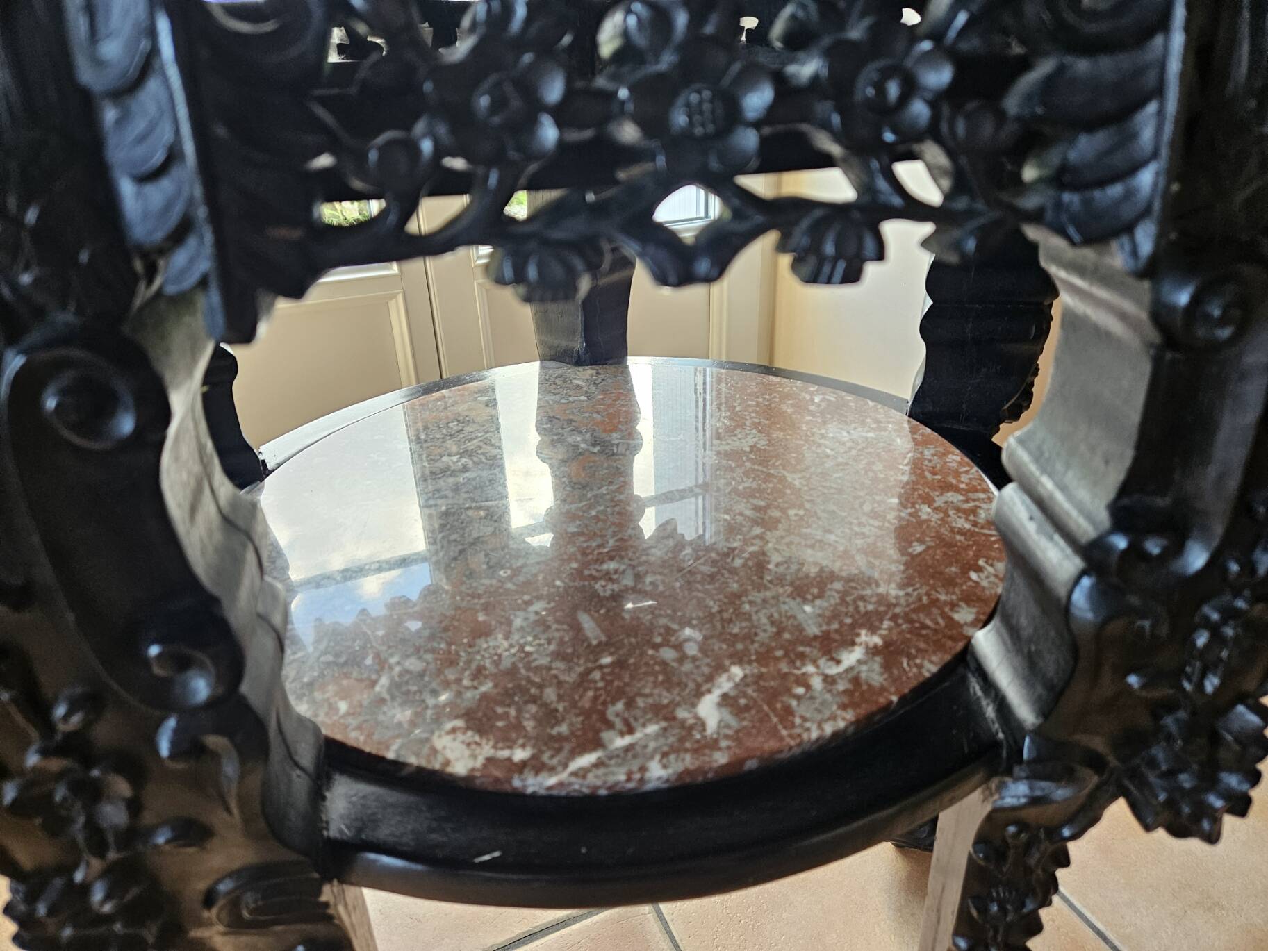 Antique Orientalist gueridon, carved – double marble top – late 19th century.