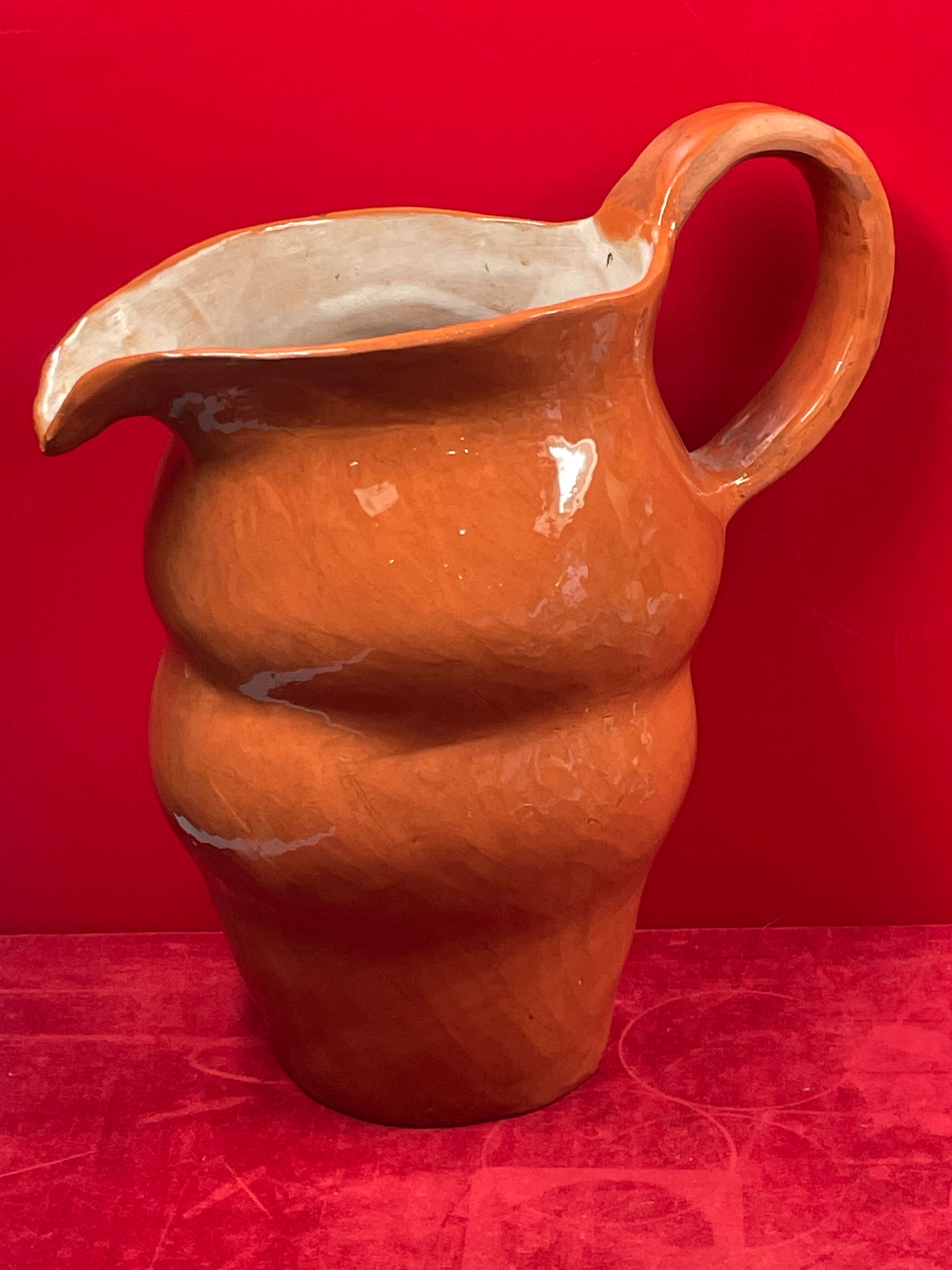 Unusual Pitcher Ceramic in stoneware or glazed earth Signed EL
