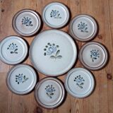 8 dessert plates + brown/blue stoneware tart dish, Fanchon model by MBFA Pornic, 1970s