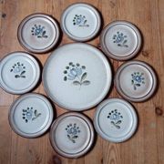 8 dessert plates + brown/blue stoneware tart dish, Fanchon model by MBFA Pornic, 1970s