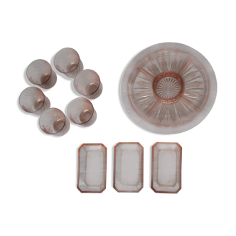 13 powder pink pieces, 4 serving dishes, 6 glasses, 3 ravines