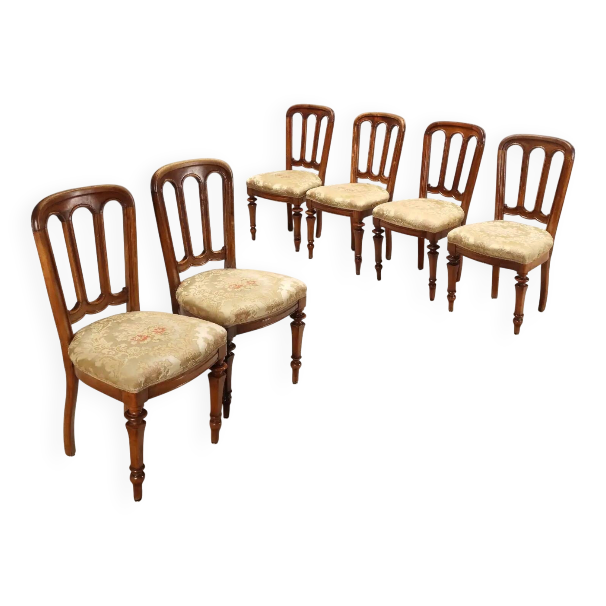 Antique walnut chairs with upholstered seats in fabric, Italy, late 19th century.