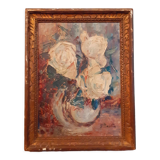 Oil on panel year 40 Bouquet of white roses signed Suzanne Sardin