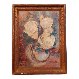 Oil on panel year 40 Bouquet of white roses signed Suzanne Sardin