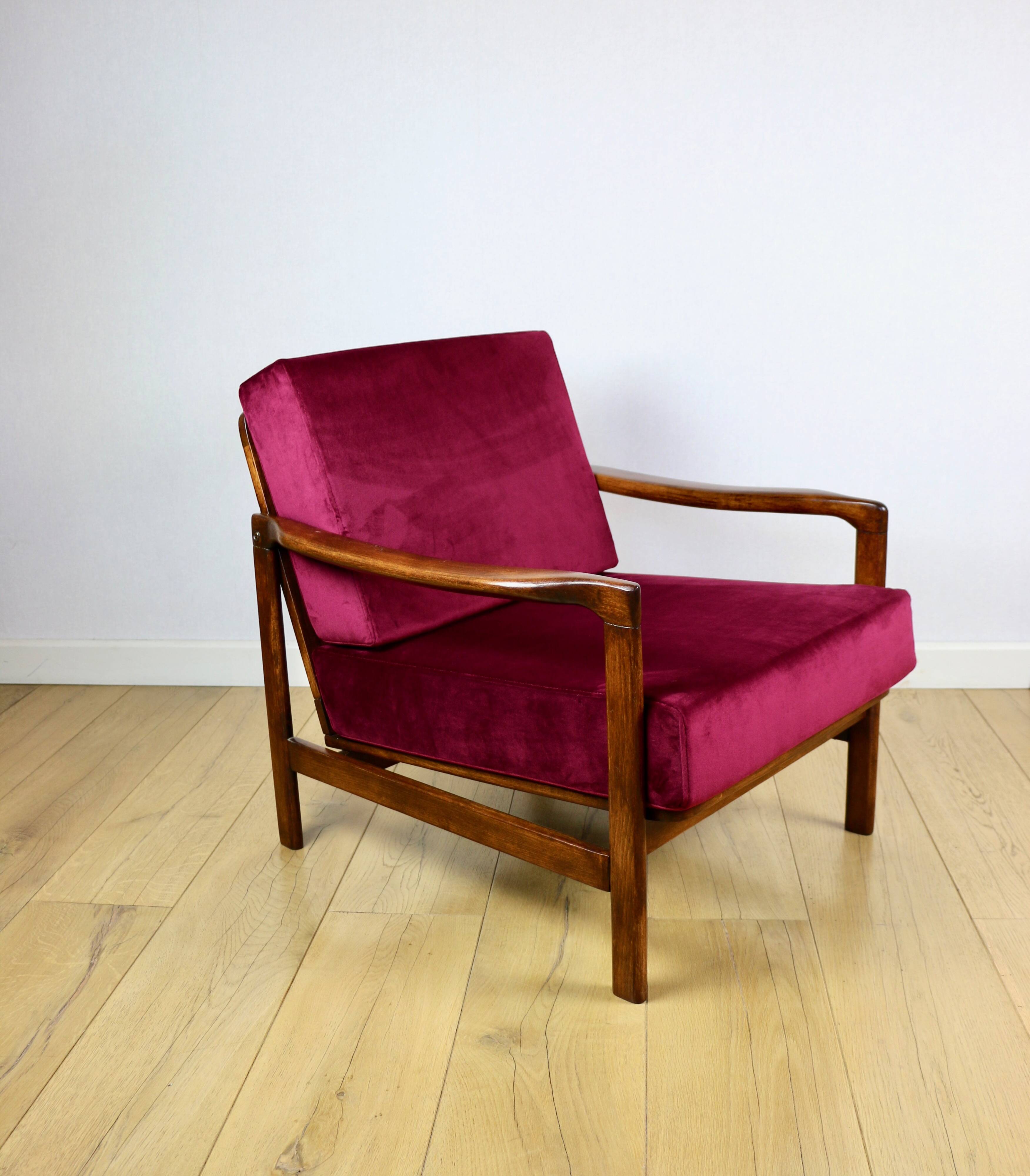 Wooden vintage brown armchair, burgundy raspberry, design by Z. Bączyk - 2 pieces available