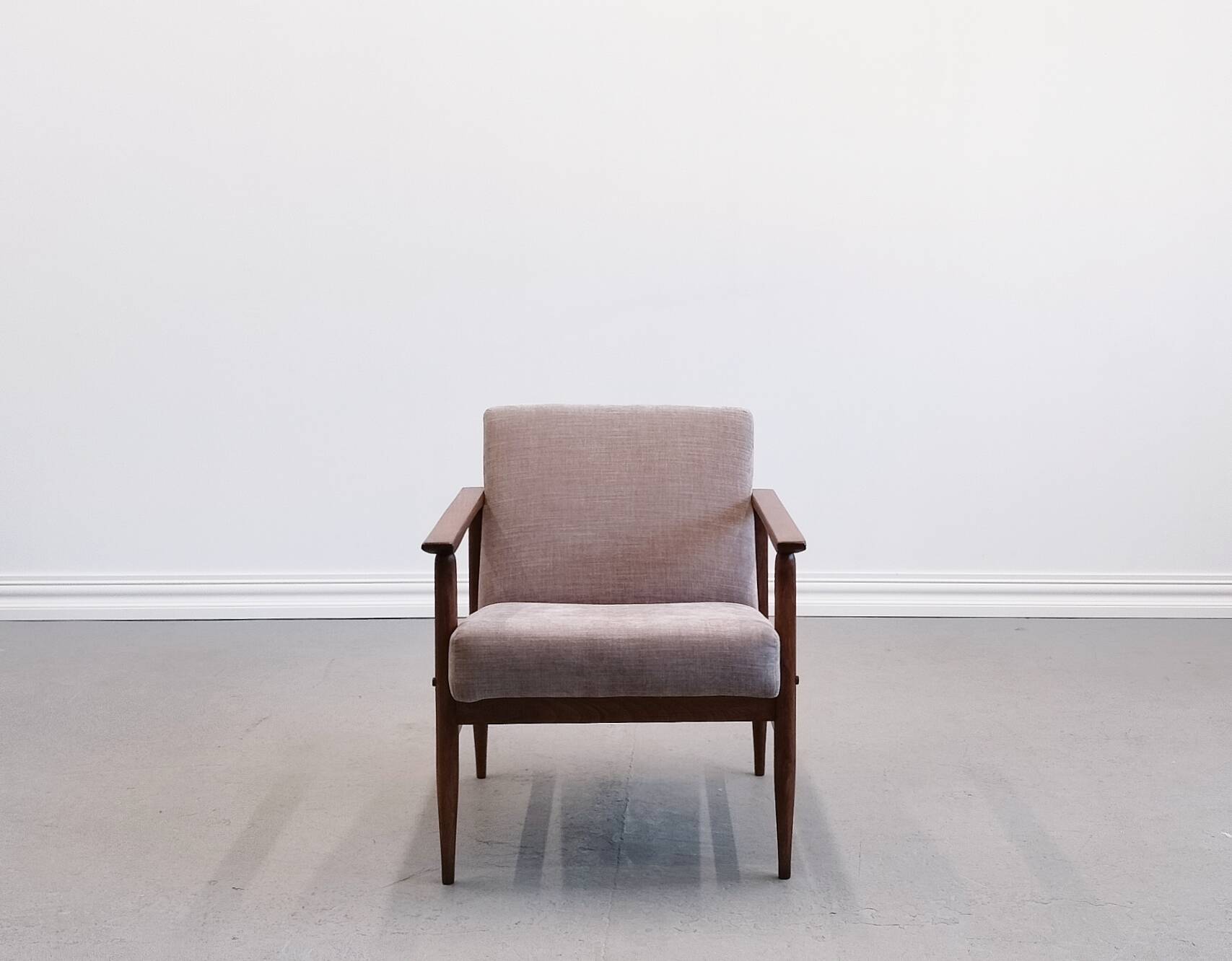 Mid Century Easy Chair in warm gray textile.