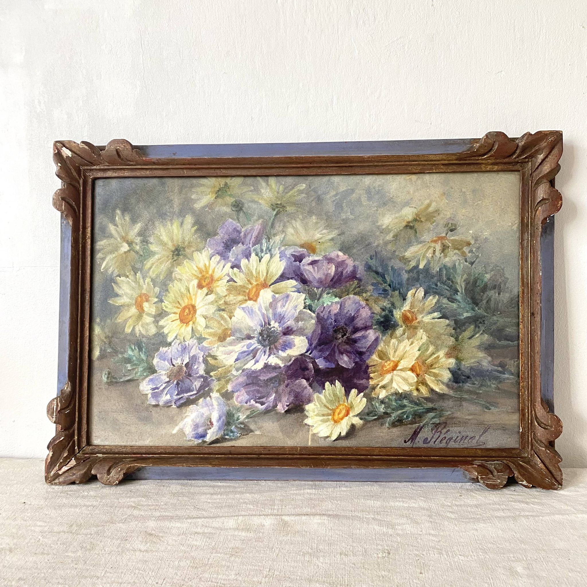 Framed old watercolor flowers M Réginal