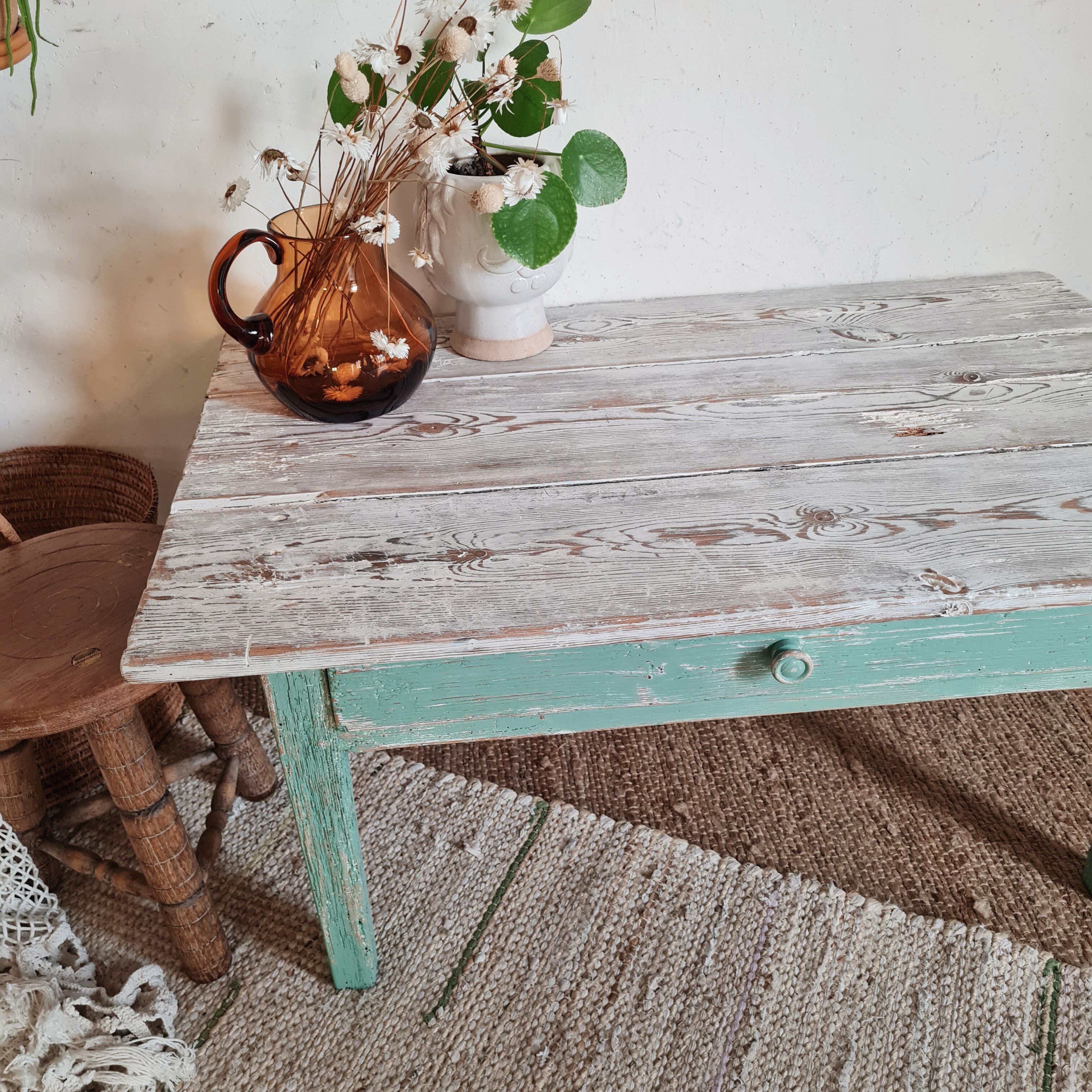 Table basse de ferme en bois piétement vert