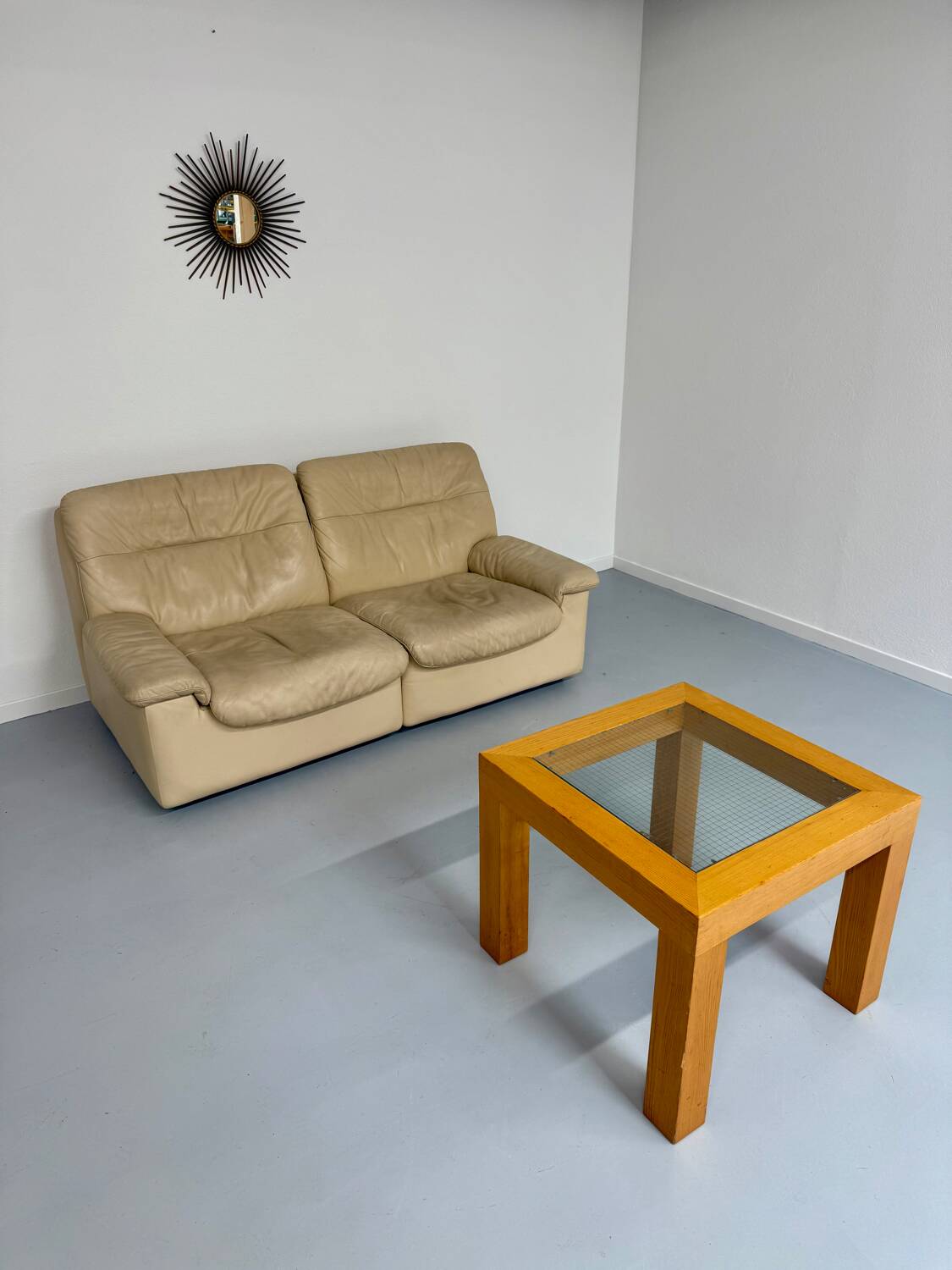 Old 2-seater beige leather sofa designed by Carl Larsson De Sede, vintage 80s