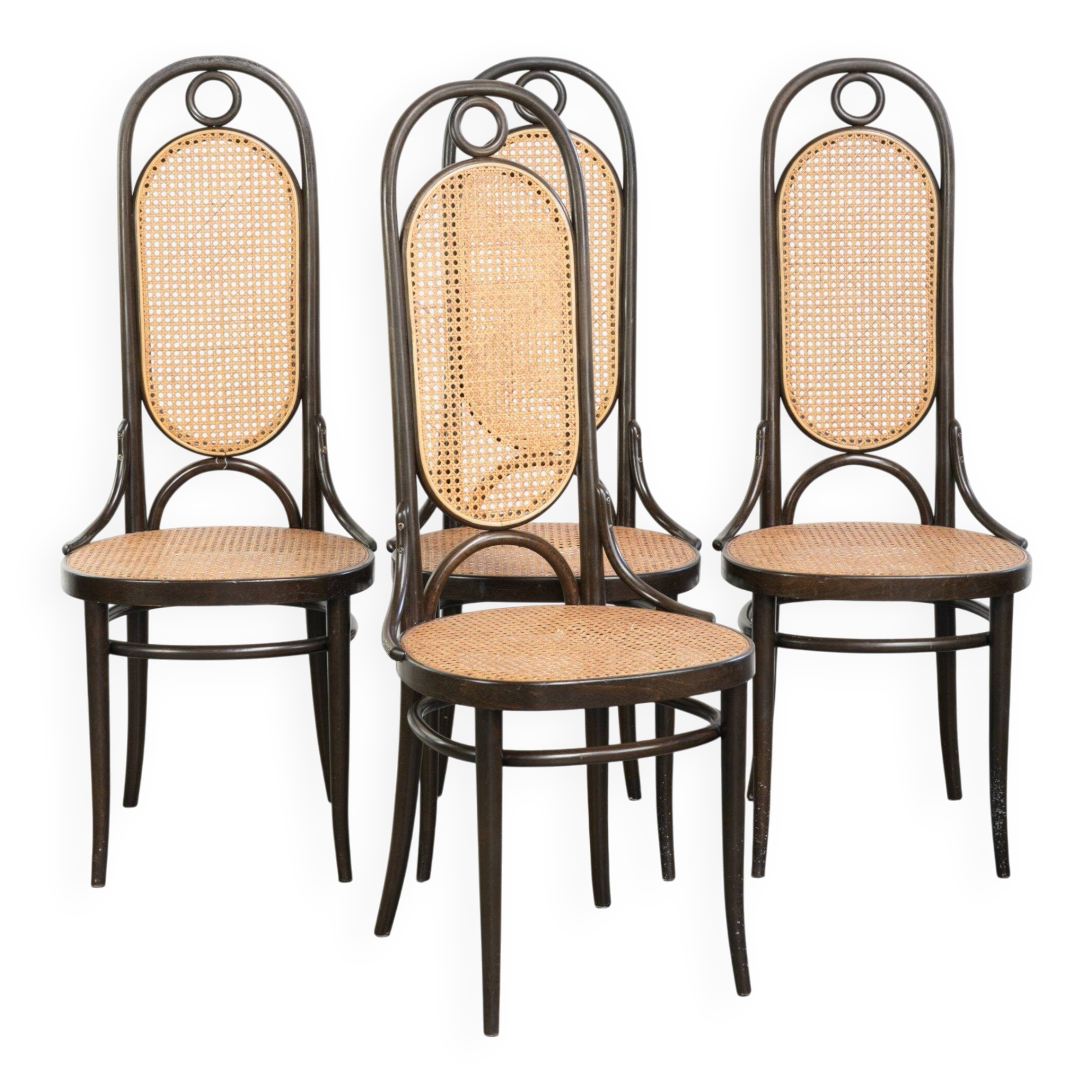 Set of 4 original vintage Thonet design webbing chairs model Long John