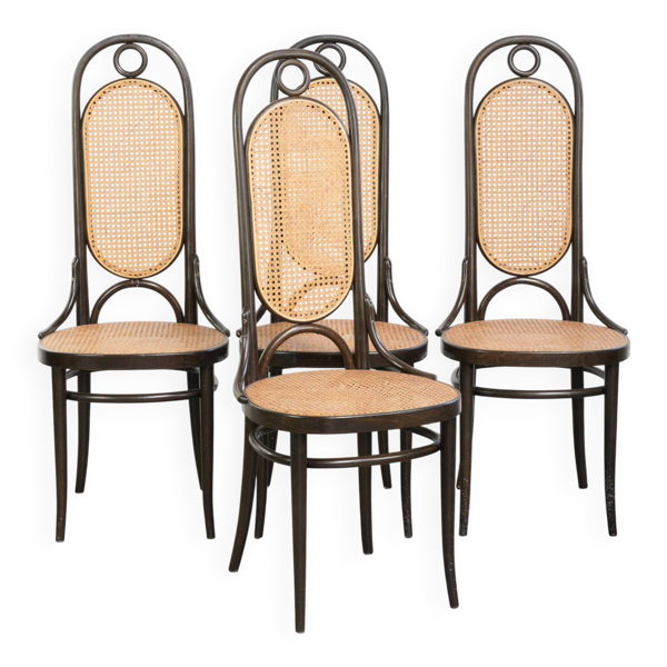 Ensemble de 4 chaises vintage originales en cannage design Thonet modèle Long John.