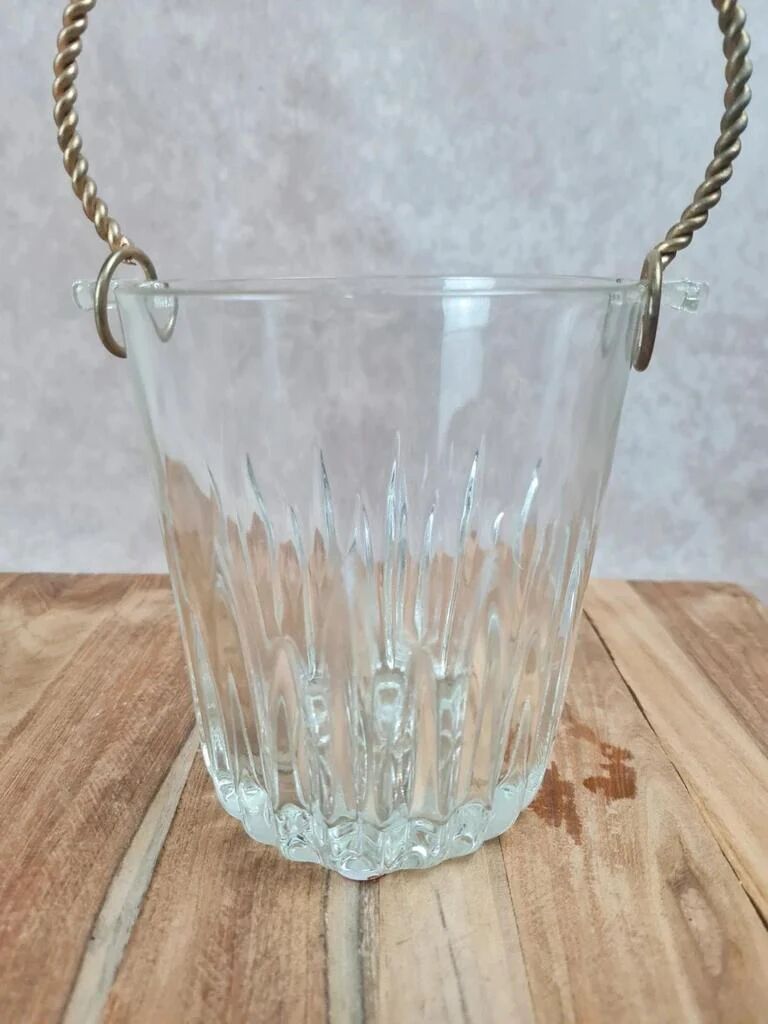 Vintage glass ice bucket with golden handle