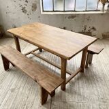 Oak farmhouse table and its two benches