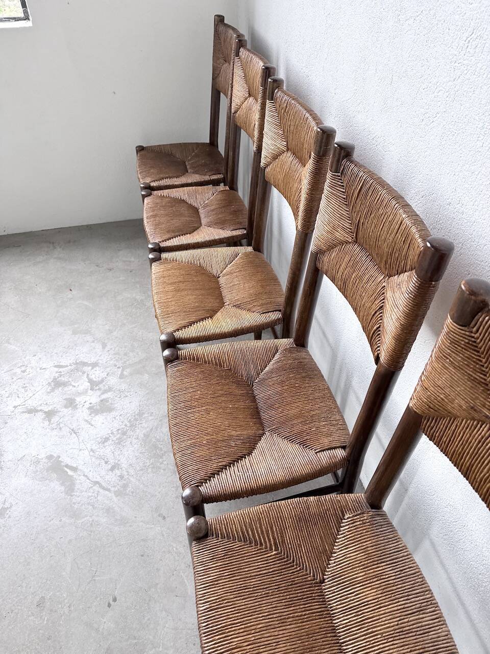 Set of 6 straw and oak Beauche chairs.