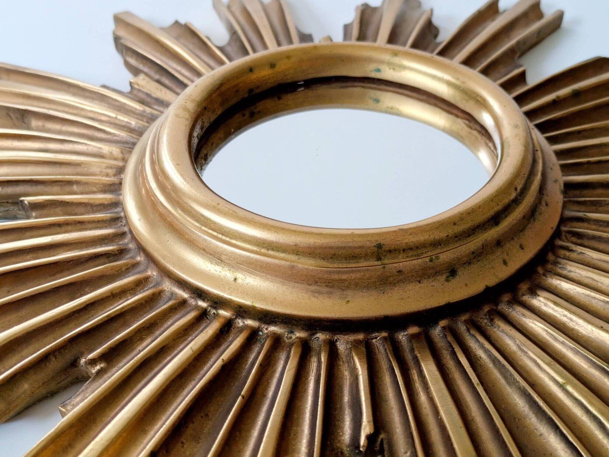 Vintage sunburst mirror in wood and gold resin, 1960s–70s