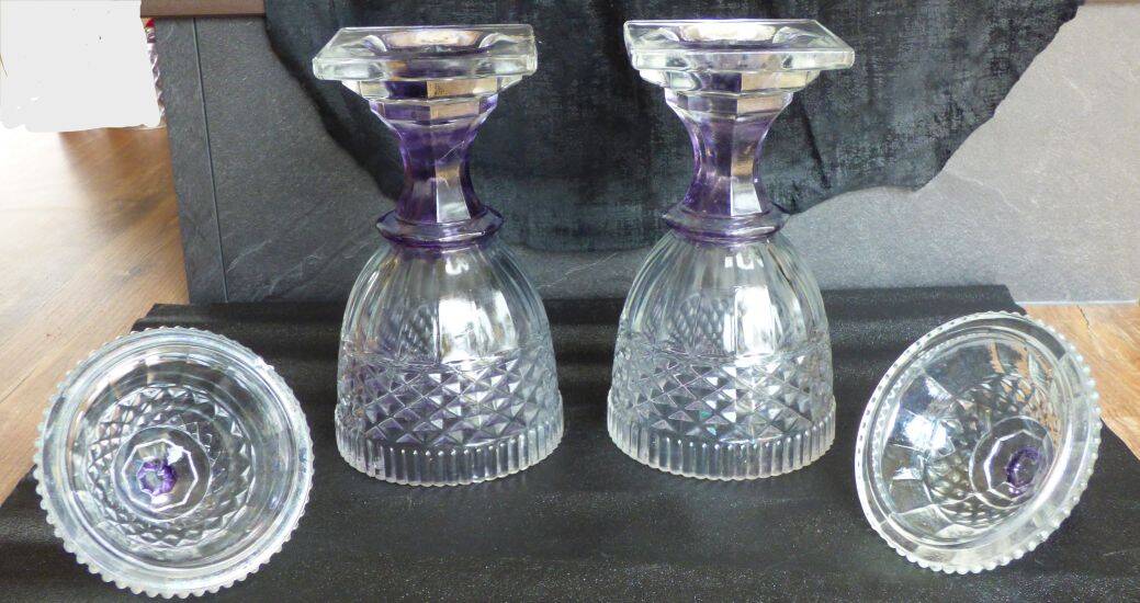 2 antique glass bonbonnières in the shape of pine cones.