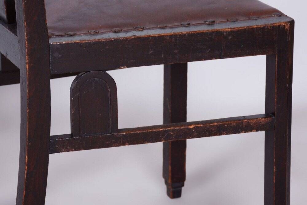 Czech Cubist Chairs in Oak and Red Leather by Josef Gočár, 1910s, Set of 4