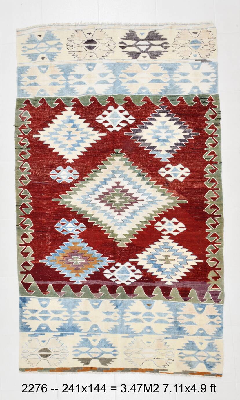 5x8 Burgundy & Light Blue Rare Geometric Style Wool Kilim Rug, 144x241 Cm