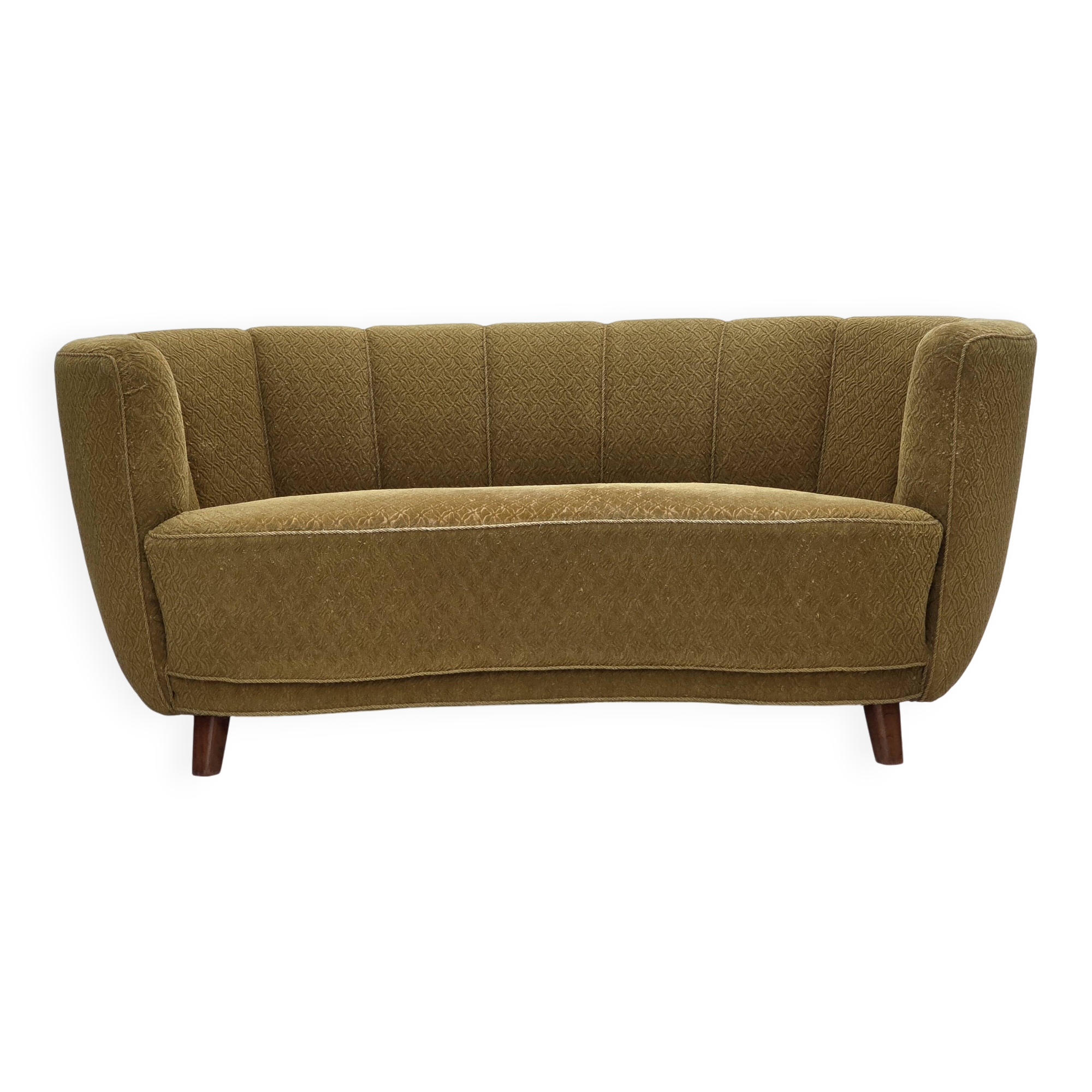 1960s, Danish 2-seater "Banan" sofa, green furniture wool, ash wood.