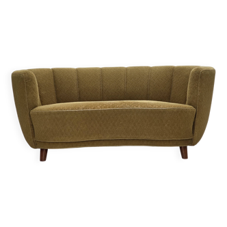 1960s, Danish 2-seater "Banan" sofa, green furniture wool, ash wood.
