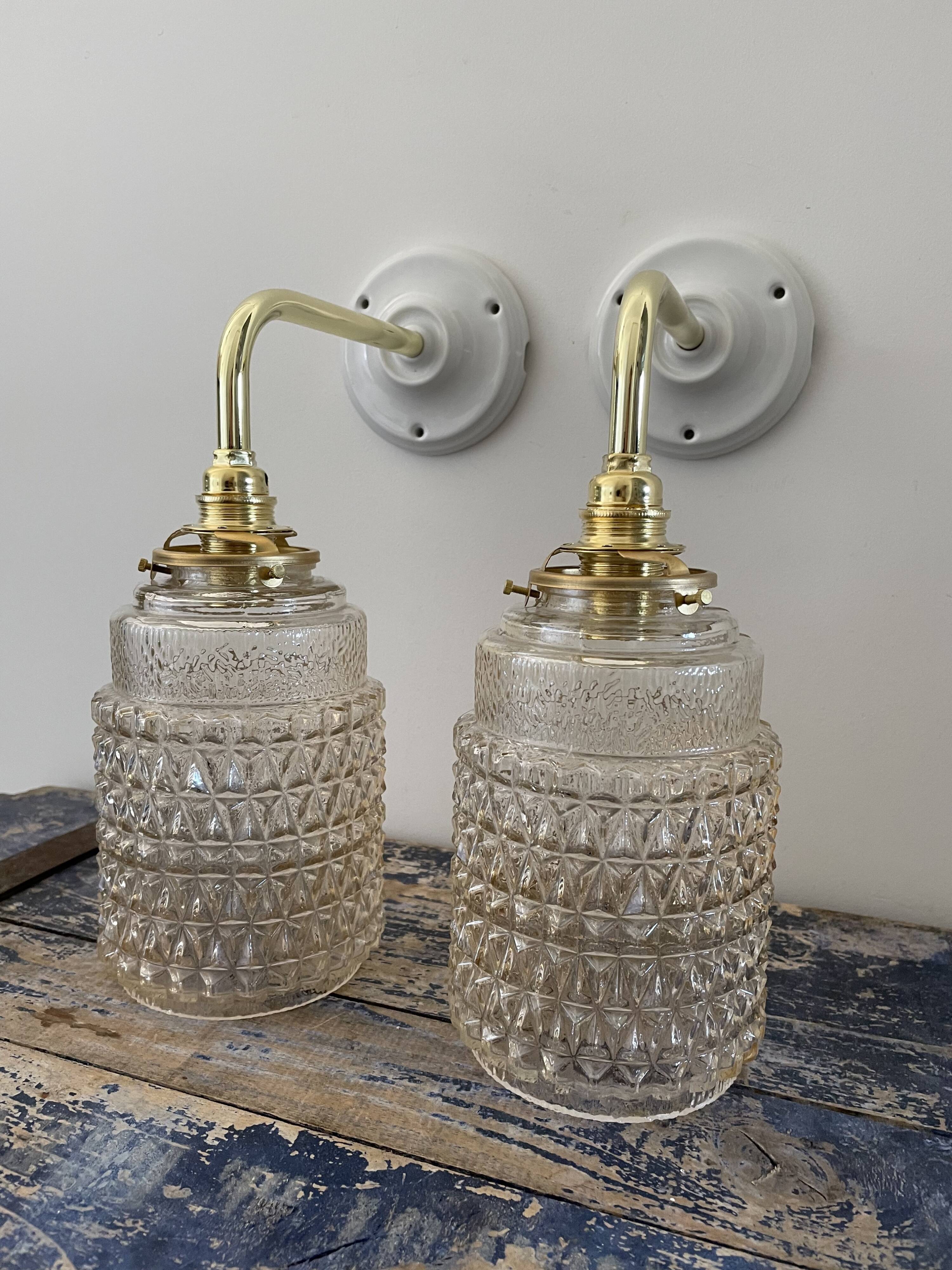 Pair of vintage electrified glass wall lamps