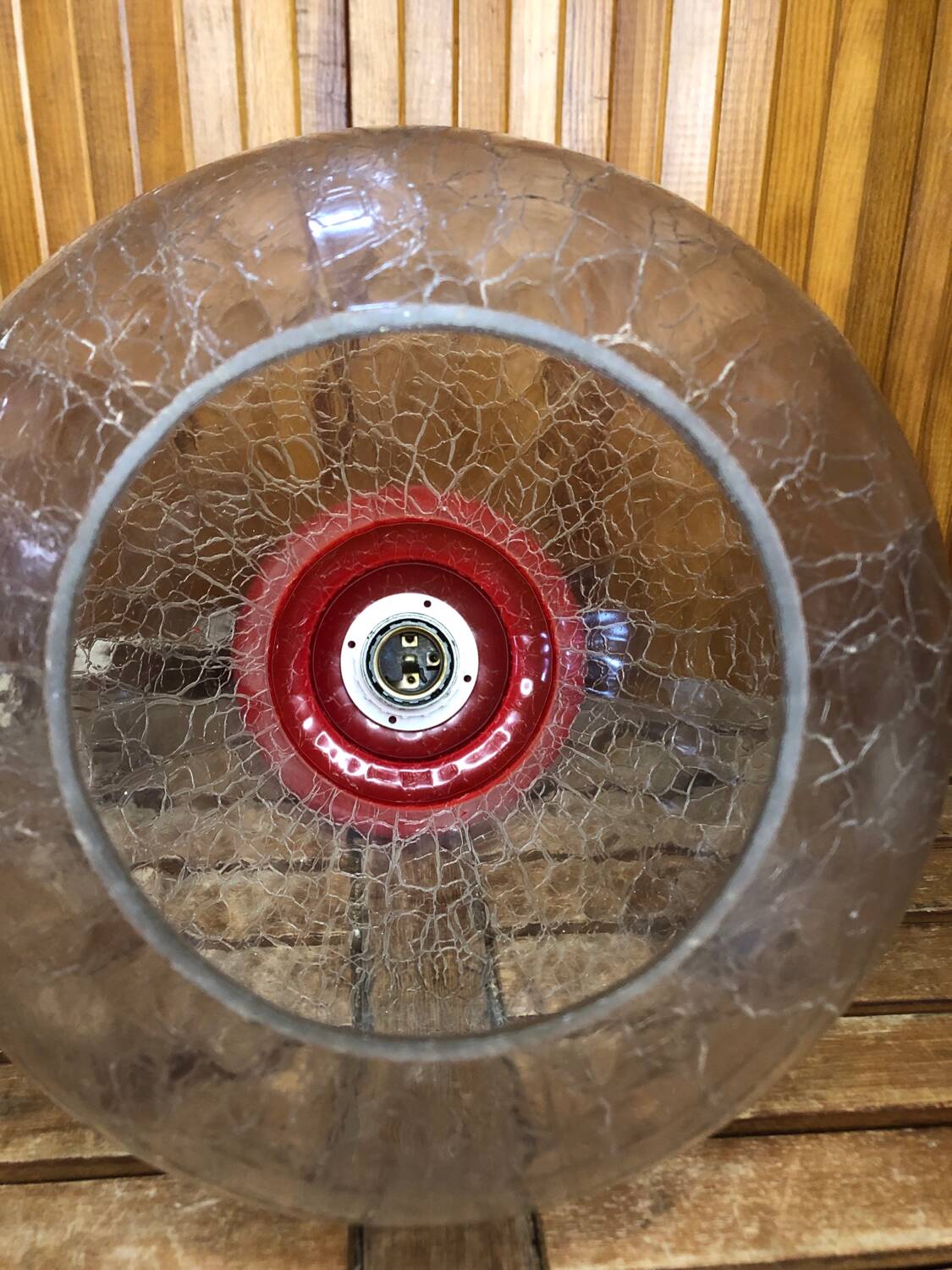 Old transparent & red cracked glass pendant lamp 1970s vintage #a548