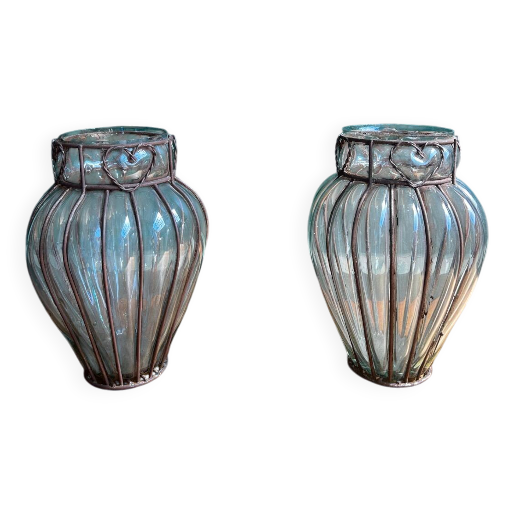 Pair of Venetian vases in blown glass and wrought iron