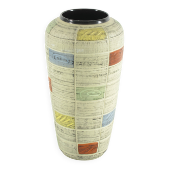 1950s Ceramic Vase with Relief, Blue Red & Yellow Design, 31 cm