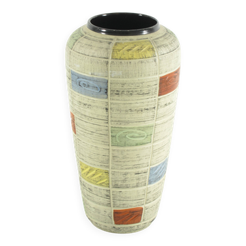 1950s Ceramic Vase with Relief, Blue Red & Yellow Design, 31 cm