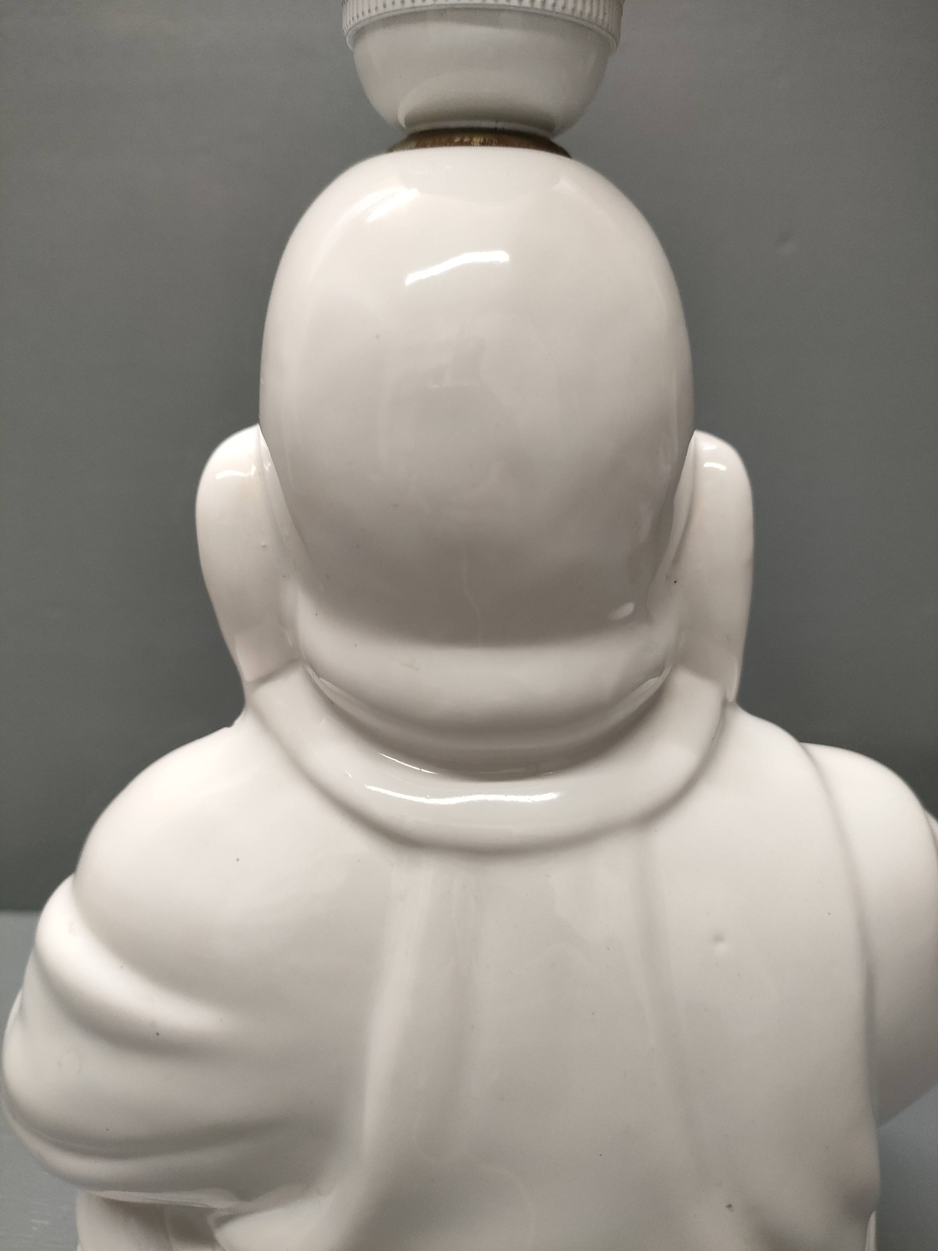 Seated Buddha lamp base ~ glazed and gold white ceramic ~ 80s