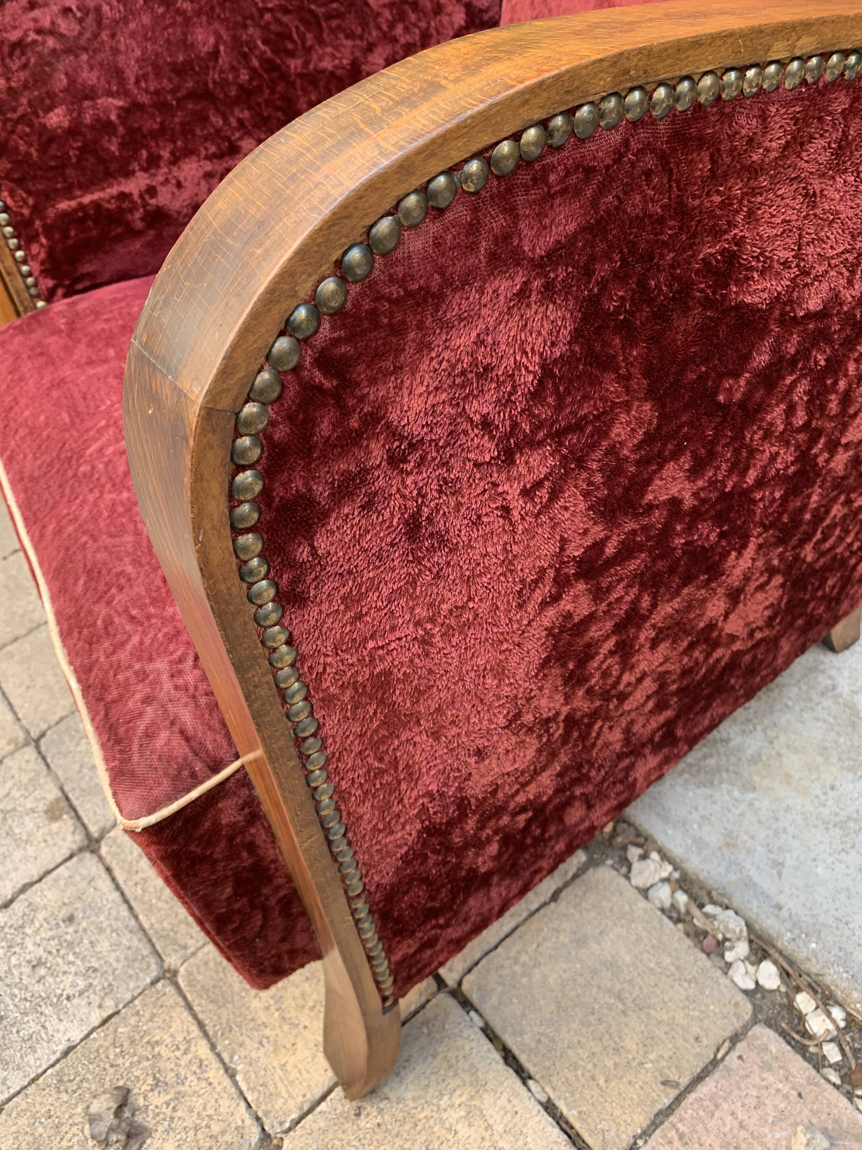 Pair of Art Deco club armchairs in burgundy red velvet, 1930s