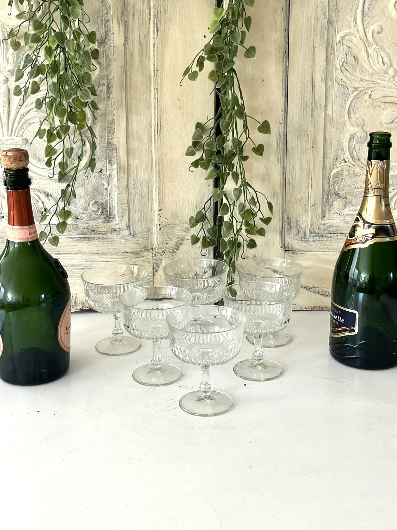 Coupe Glasses – French Set of 6 Pressed Glass Sunburst Cocktail Desser