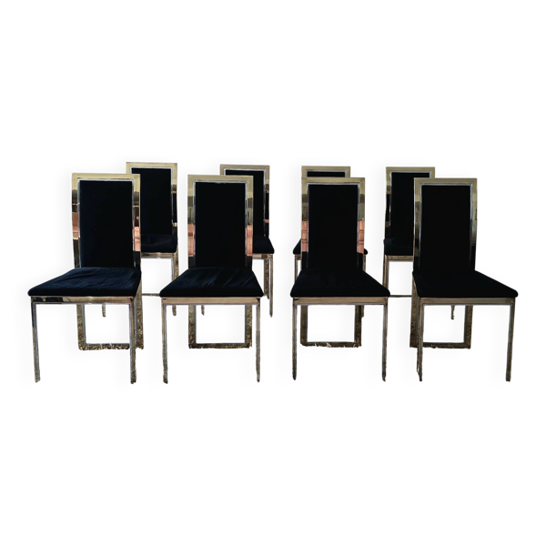 Suite de 8 chaises en laiton, chrome et velours noir, Maison Roméo, 1970