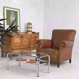 Pair of 1950s club armchairs in imitation leather and wood