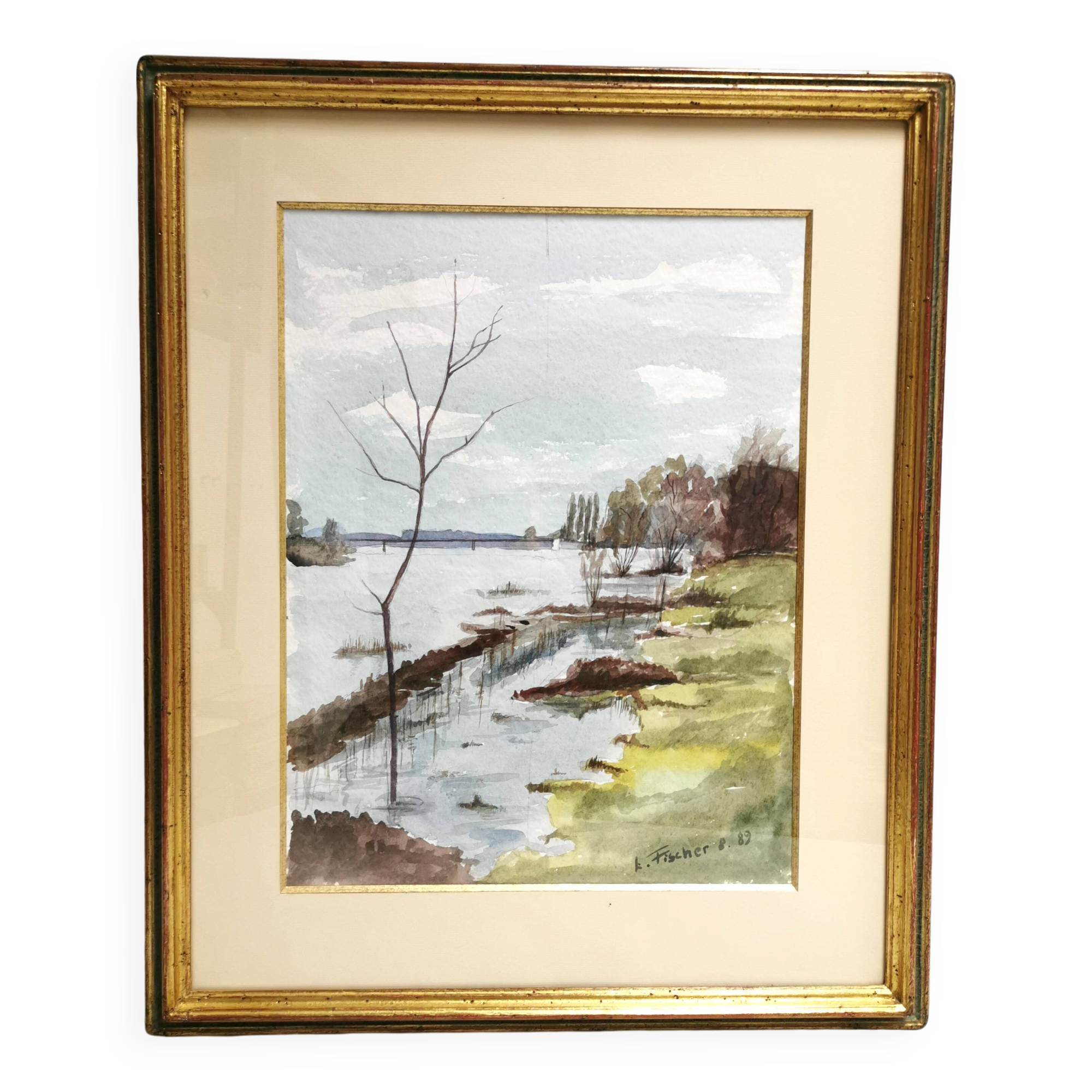 Painting / Beautiful Watercolor signed L. FISCHER 8.89, landscape on the banks of the river