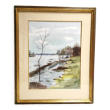 Painting / Beautiful Watercolor signed L. FISCHER 8.89, landscape on the banks of the river