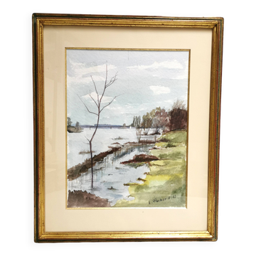 Painting / Beautiful Watercolor signed L. FISCHER 8.89, landscape on the banks of the river