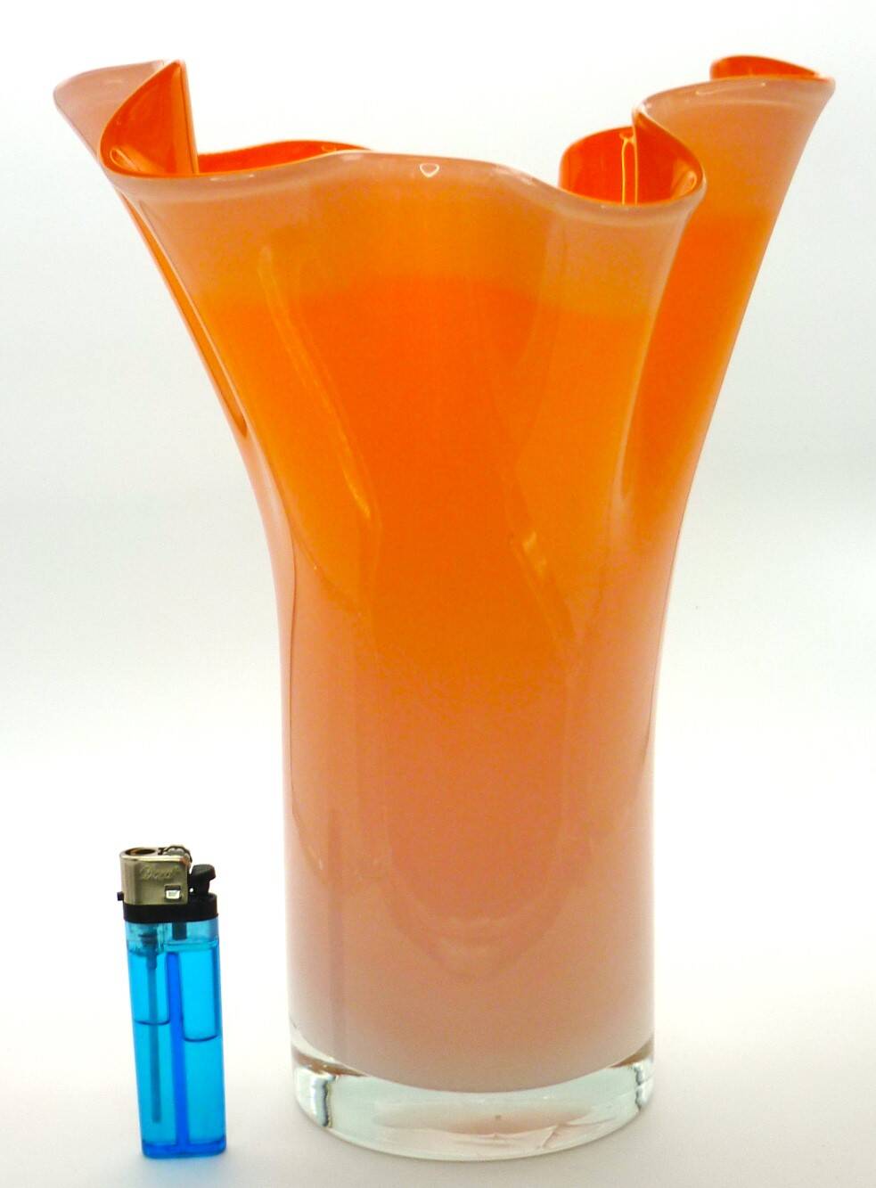 Murano handkerchief vase, blown glass, 1960s design, white and orange.