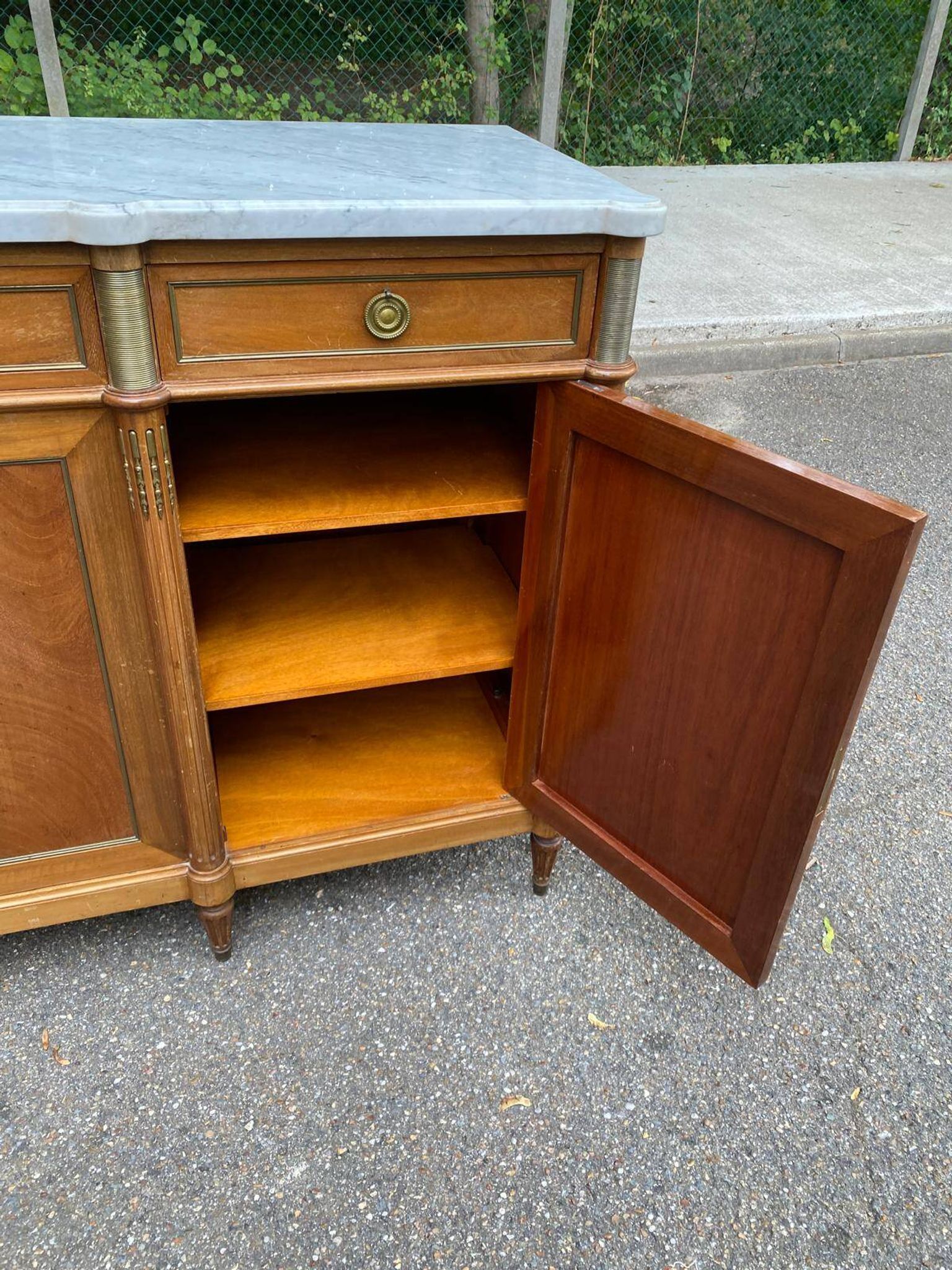 Louis XVI sideboard in solid mahogany with a white marble top, 222cm, 1950.