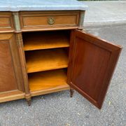Louis XVI sideboard in solid mahogany with a white marble top, 222cm, 1950.