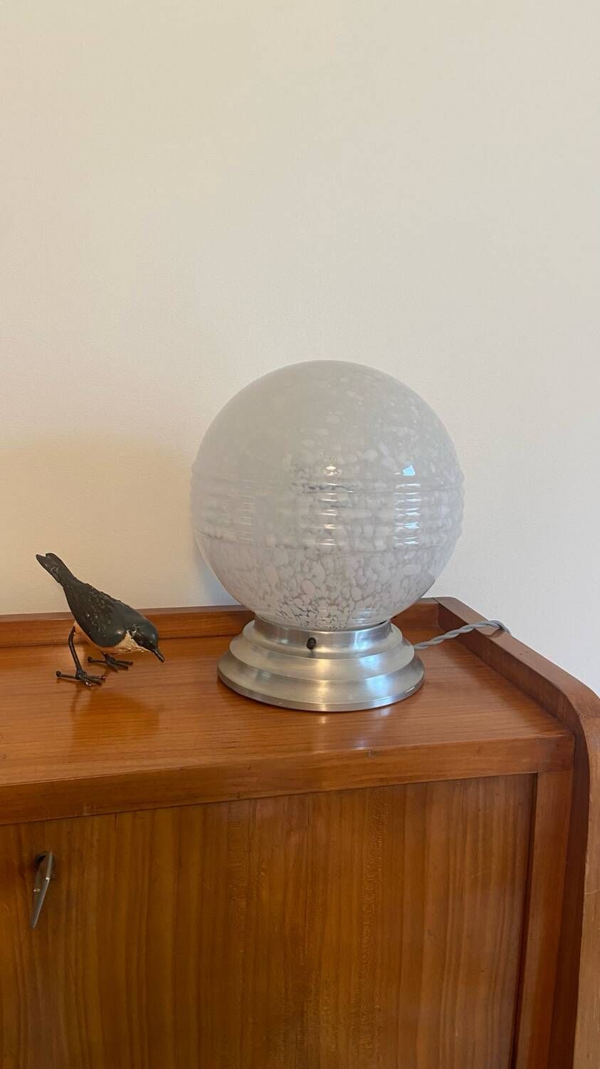Table ball lamp in Clichy glass and Art Deco aluminum base