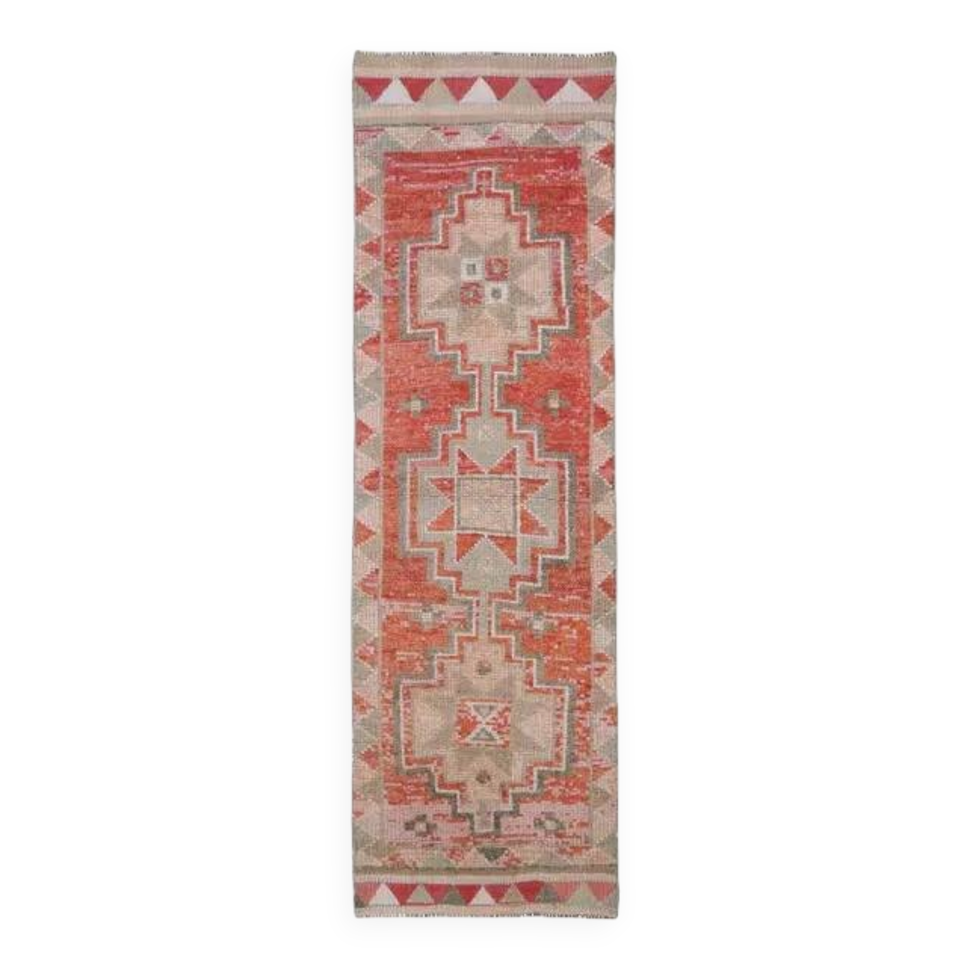 1970s Vintage Turkish Hand-Knotted Wool Cotton Red Runner Rug 90x307