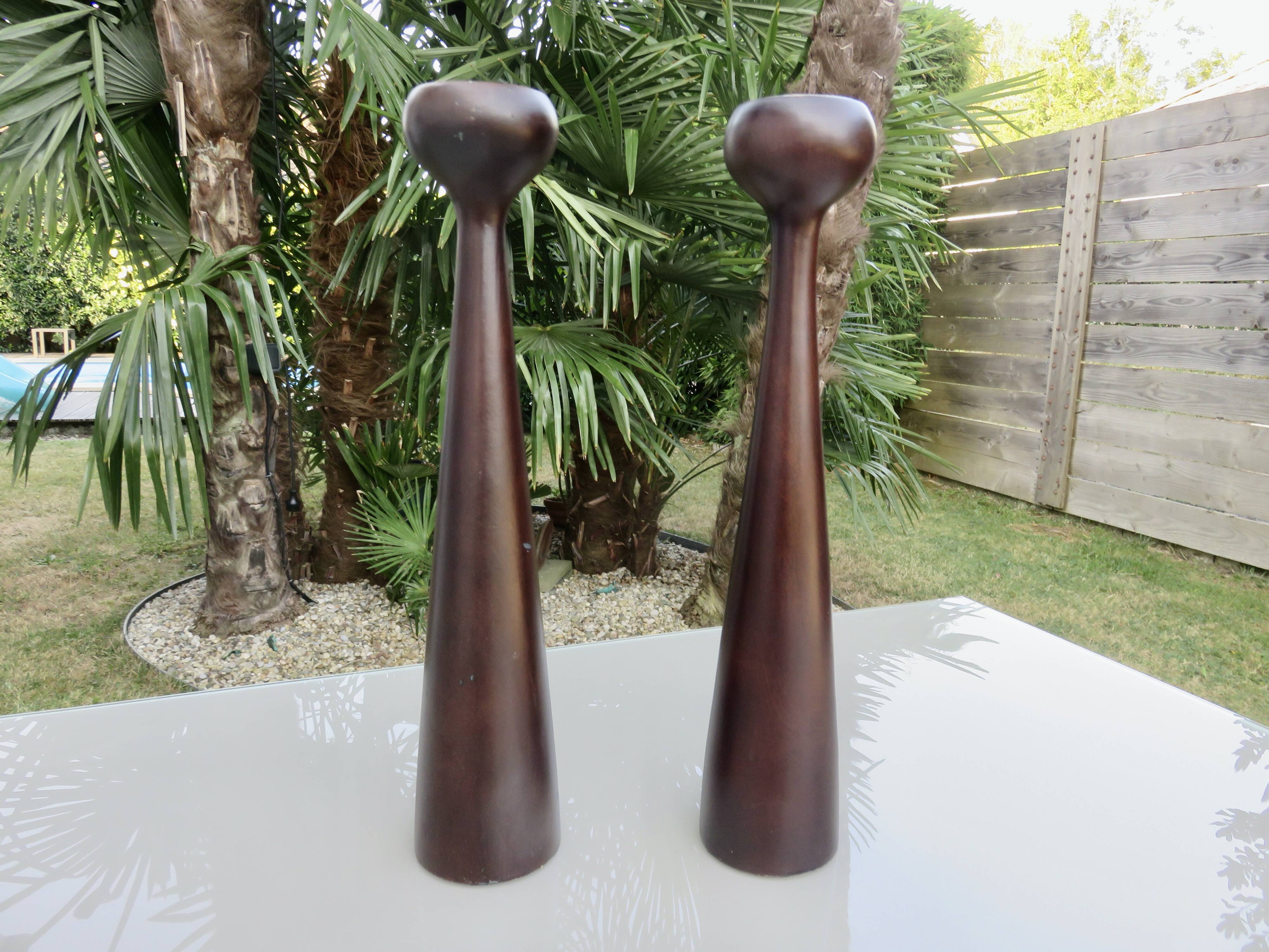 Pair of large Scandinavian teak candlesticks, vintage 1960.