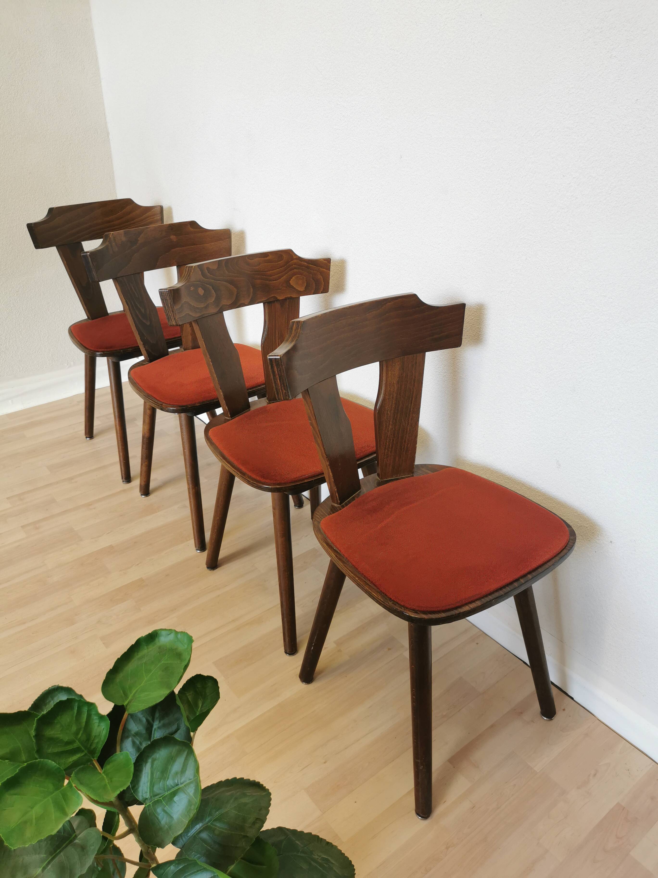 Vintage Tyrolean Dining Chairs: Set of 4, Red Fabric Seat, 1970s