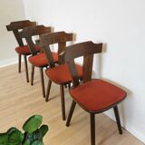 Vintage Tyrolean Dining Chairs: Set of 4, Red Fabric Seat, 1970s