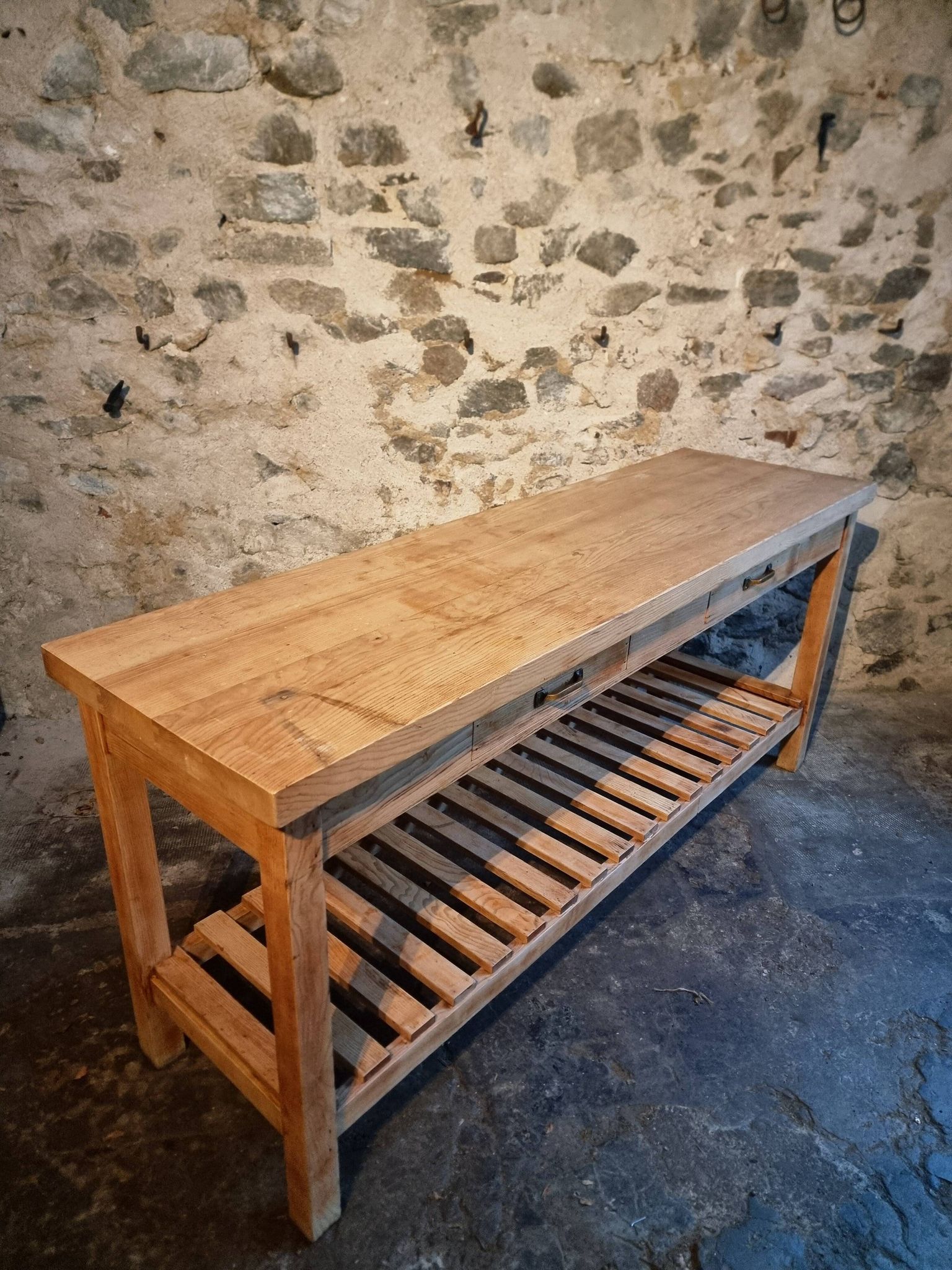 Old French baker's table – kitchen island / work table in solid chestnut with drawers.