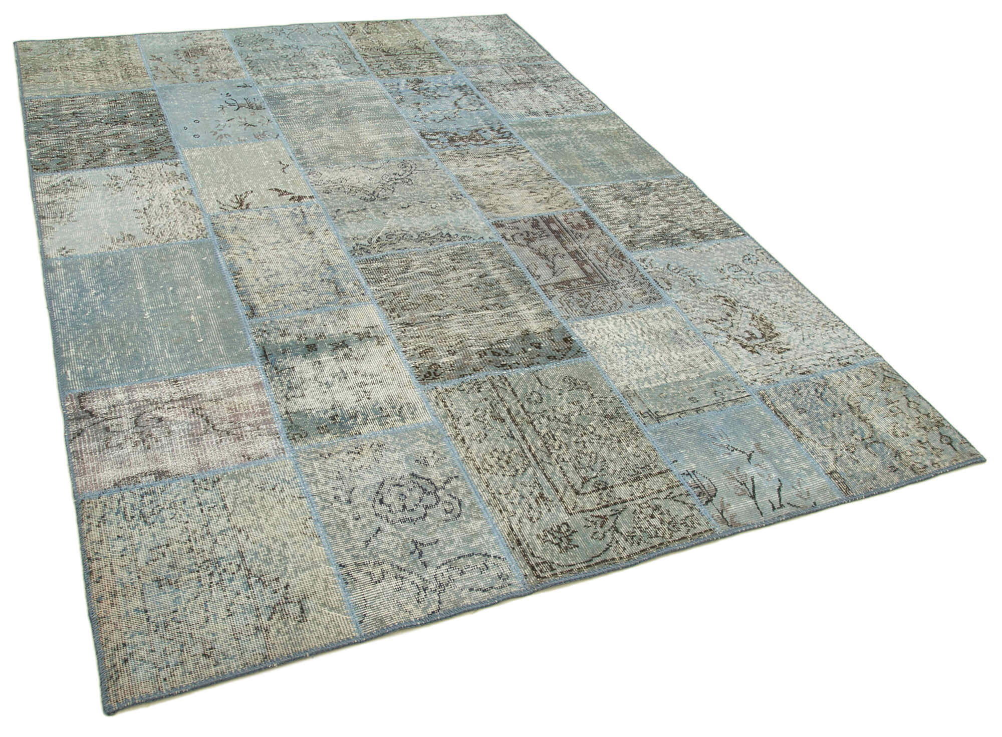 Handwoven anatolian contemporary 173 cm x 245 cm blue patchwork carpet