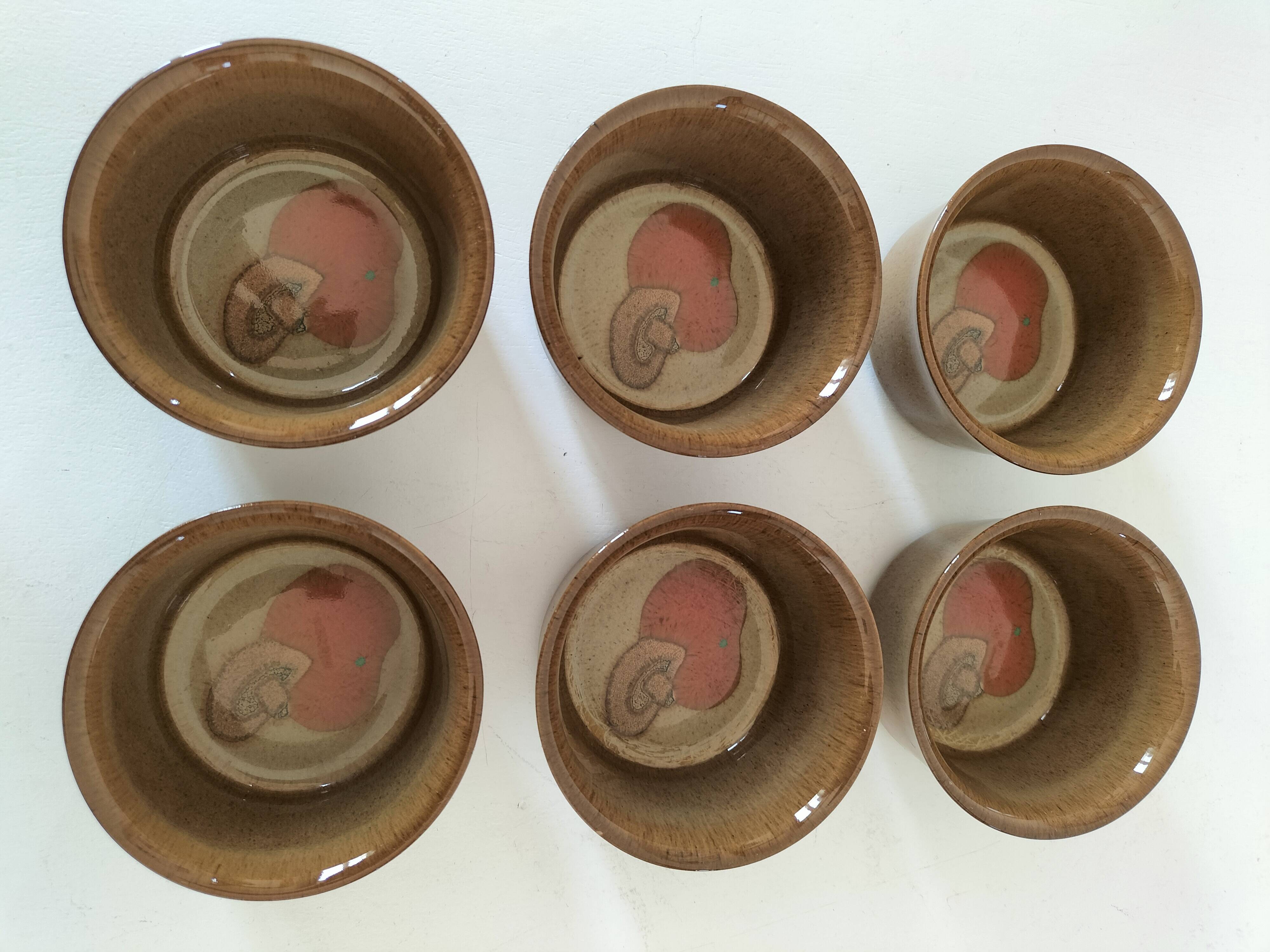 6 Denby stoneware ramekins with mushroom design - 1970s